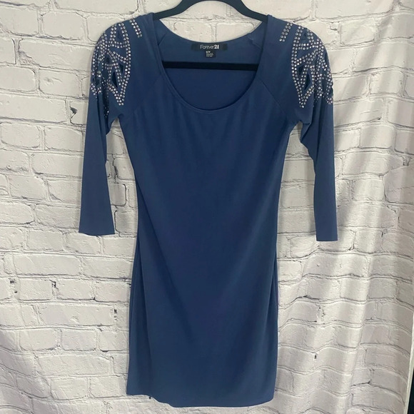 5/$20 Women’s Forever‎ 21 Stretchy Mini Dress CutOut Detail Medium Blue - Picture 1 of 8